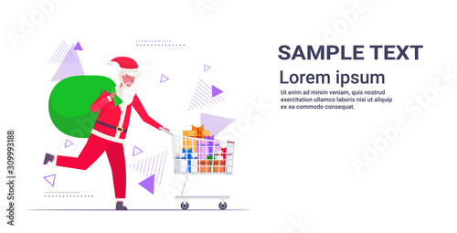 santa claus pushing trolley cart with gift present boxes christmas sale holidays celebration shopping concept full length horizontal copy space vector illustration