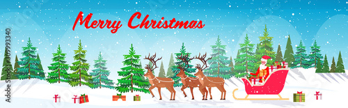 santa claus riding in sledge with reindeers merry christmas happy new year winter holidays celebration concept snowy forest landscape background greeting card horizontal full length vector