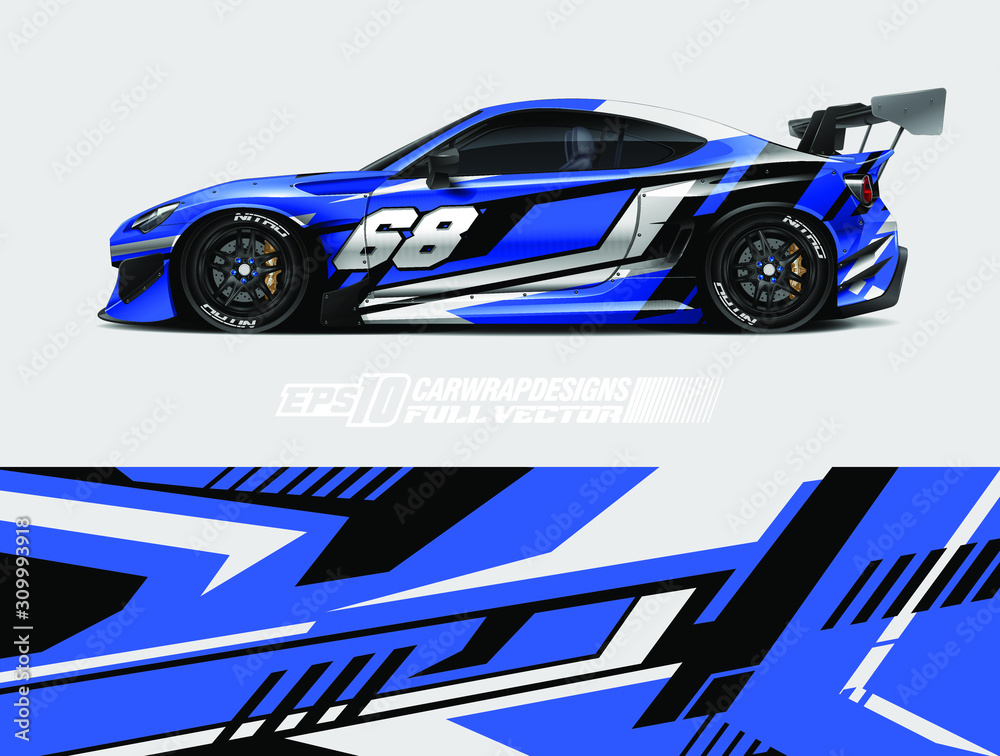 Racing car wrap design vector. Graphic abstract stripe racing background kit designs for wrap vehicle, race car, rally, adventure and livery. Full vector eps 10