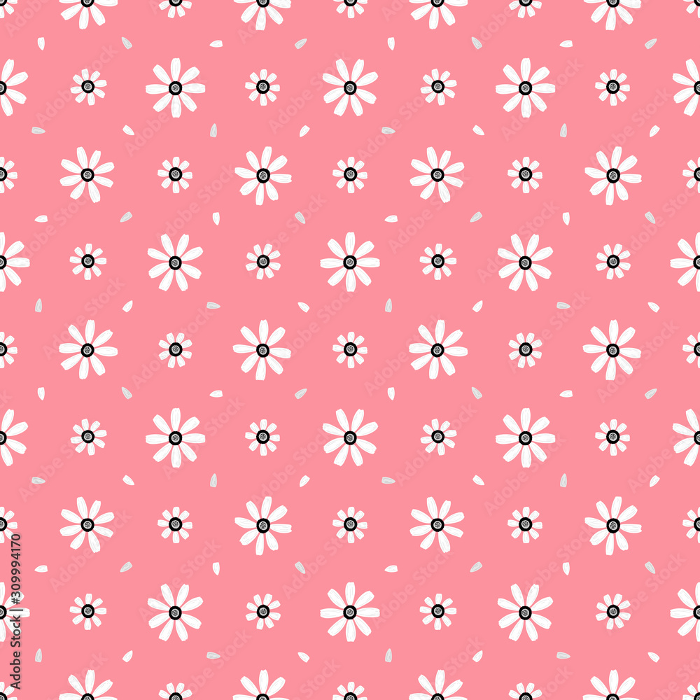 Floral Seamless Pattern. White Daisy or Chamomile (Camomile) Flower. Cute Flowers and Petals Vector Background