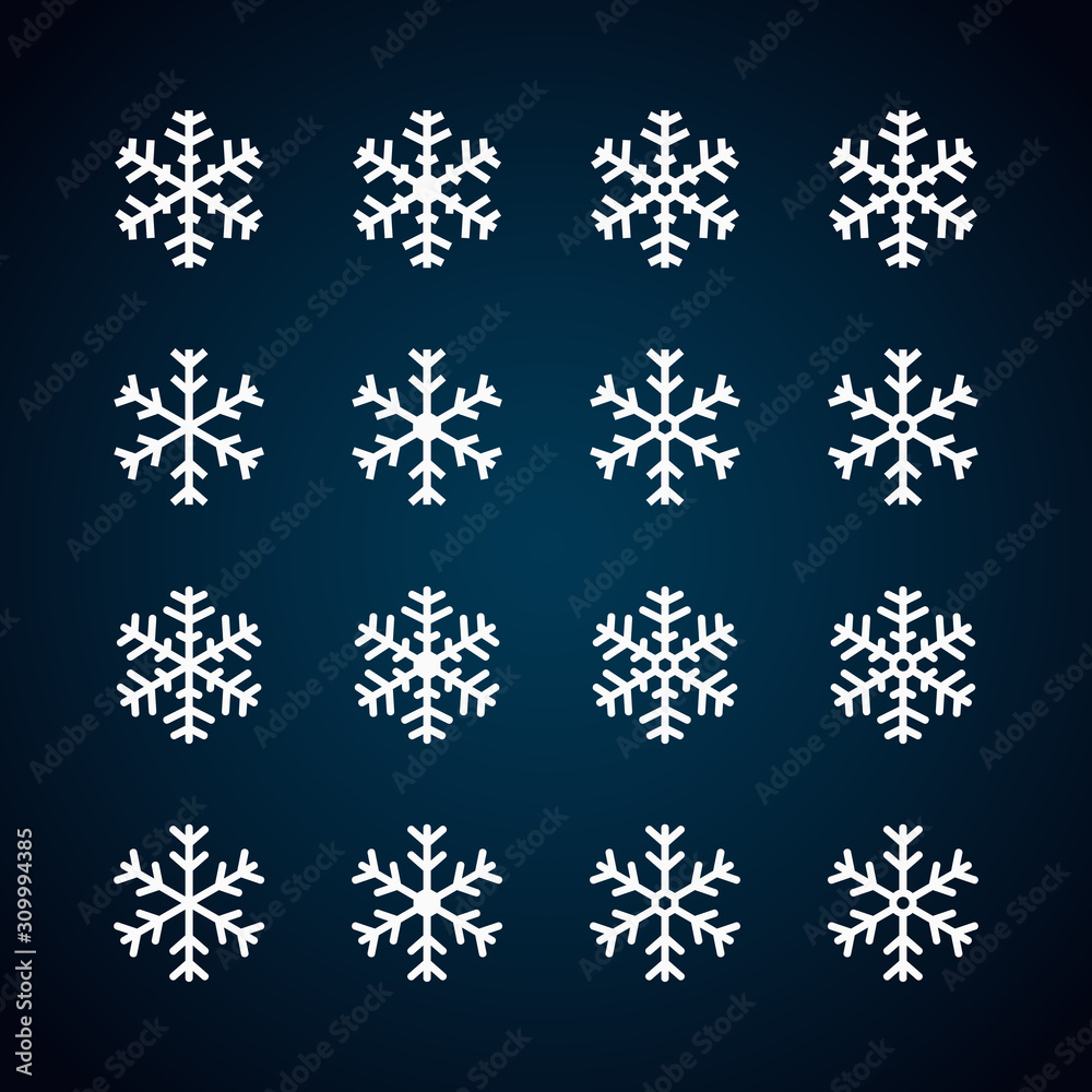 Snowflake Icons Set isolated on dark blue gradient background. Decorative Ornaments Flat Line Vector Icon Design Template Element Snowflake Icons Set isolated on dark blue gradient background. Decorative Ornaments Flat Line Vector Icon Design Template Element