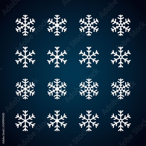 Snowflake Icons Set isolated on dark blue gradient background. Decorative Ornaments Flat Line Vector Icon Design Template Element