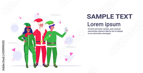santa claus with mix race elves couple taking selfie photo on smartphone camera christmas holidays celebration concept horizontal copy space full length vector illustration