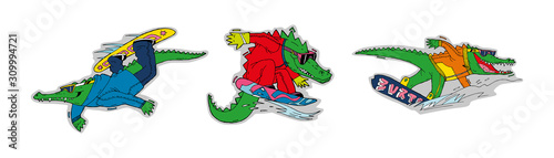 Three crocodile lovers of winter sports, snowboarding. Color illustrations, stickers, can be used in advertising, sporting goods, souvenirs.