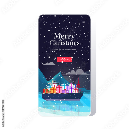 container cargo ship with gift present boxes logistic sea ocean transportation concept christmas new year winter holidays celebration smartphone screen online mobile app greeting card vector