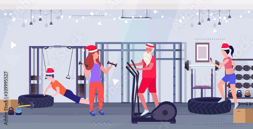 santa claus doing exercises on stepper treadmill people training workout healthy lifestyle concept christmas new year holidays modern gym interior horizontal full length vector illustration