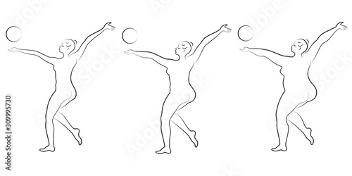 Collection. Silhouette of a cute lady, she is engaged in rhythmic gymnastics with a ball. The woman is overweight and a slender girl athlete. Vector illustration set.