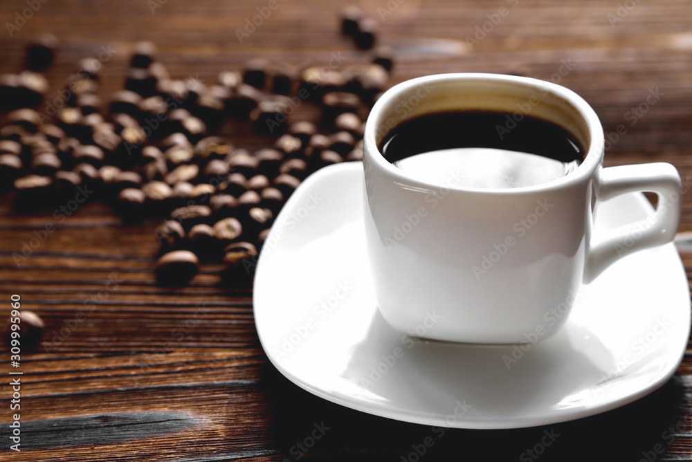 white coffee cup, morning side light coffee beans, natural wooden background white coffee cup, morning side light coffee beans, natural wooden background