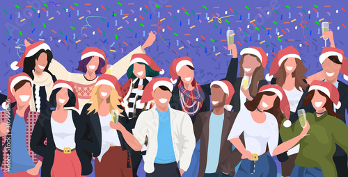 businesspeoplein santa hats having confetti corporate party mix race business people celebrating merry christmas happy new year winter holidays concept horizontal portrait vector illustration