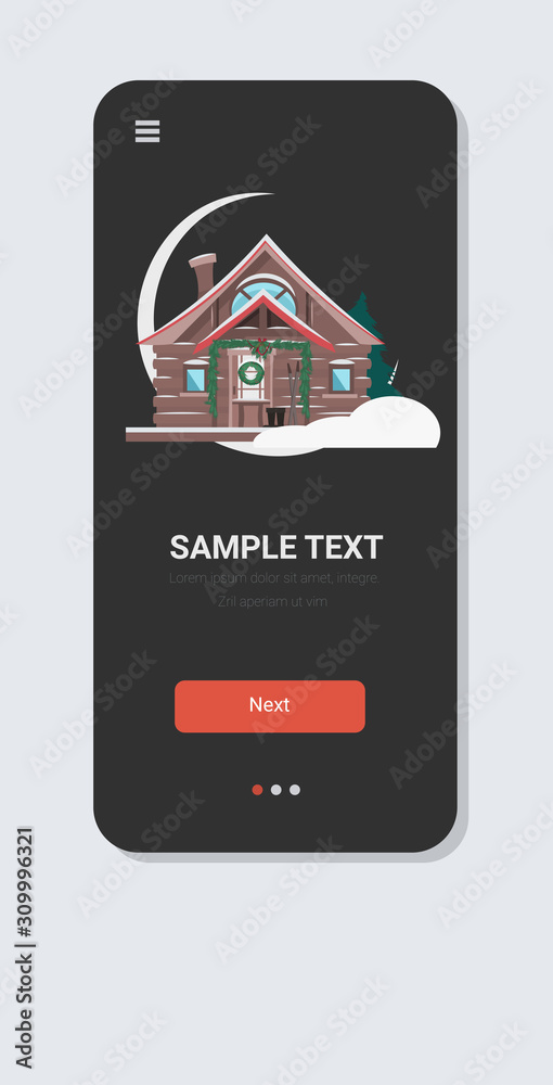 Naklejka premium christmas winter snow-covered wooden house merry xmas happy new year holiday celebration greeting card smartphone screen online mobile app vector illustration