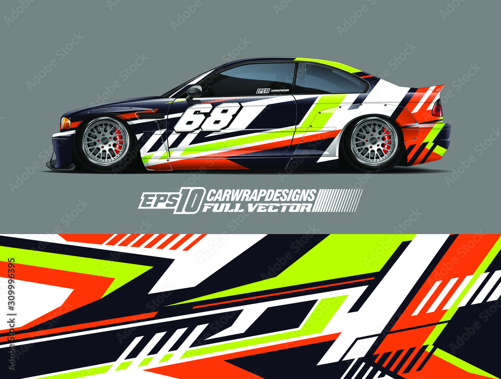 Racing car wrap design vector. Graphic abstract stripe racing background kit designs for wrap vehicle, race car, rally, adventure and livery. Full vector eps 10