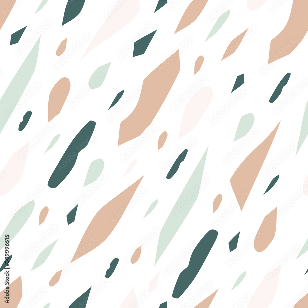 Abstract terrazzo seamless pattern on a light background. Realistic marble texture with stone fragments. Modern minimalist backdrop for floor and tile design. Trendy vector illustration