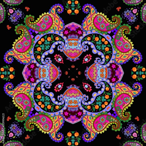 Colorful seamless pattern with bright ornament in ethnic style. Ceramic tile. Kaleidoscope. Cute home textile - cushion, napkin, rug.