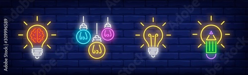 Light bulbs neon sign set