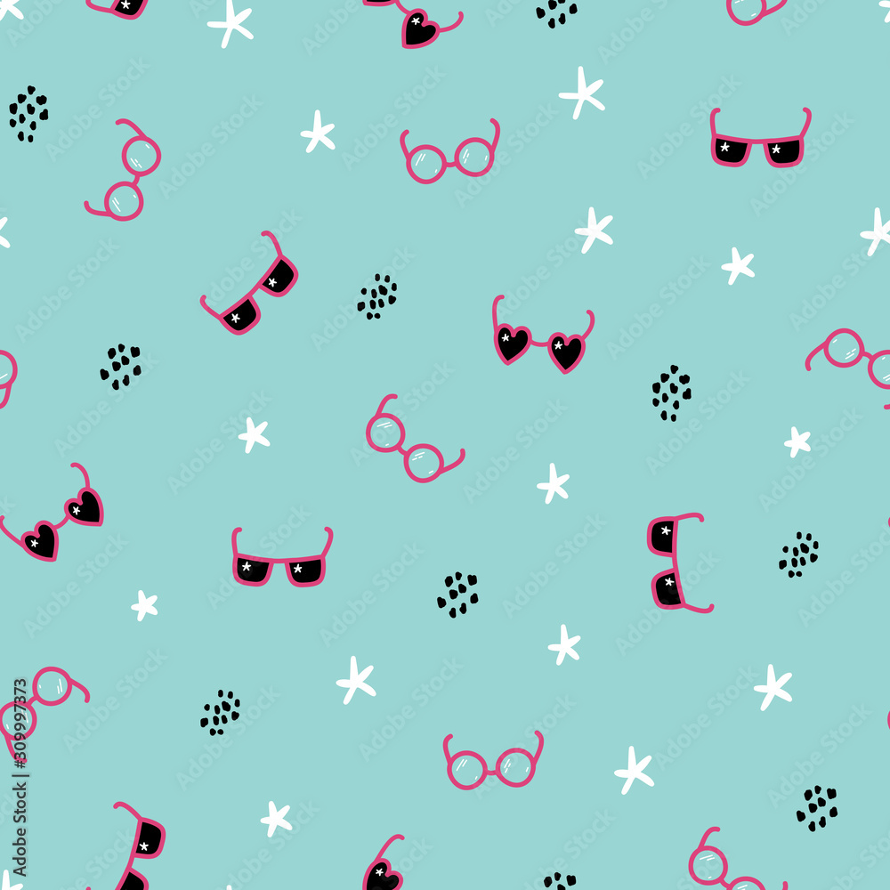 Abstract Fashion Background. Vector Seamless Childish Pattern with Doodle Sunglasses and Eyeglasses, Stars and Dots