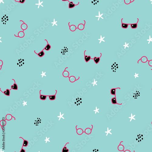 Abstract Fashion Background. Vector Seamless Childish Pattern with Doodle Sunglasses and Eyeglasses  Stars and Dots