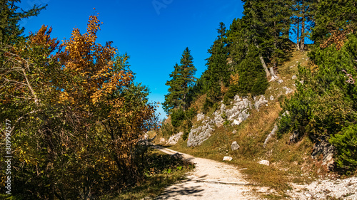 Beautiful alpine autumn or indian summer view at the famous Kampenwand, Aschau im Chiemgau, Bavaria, Germany