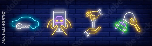 Car sharing neon sign set