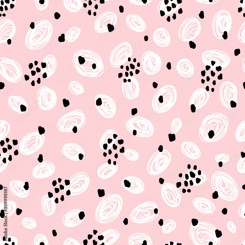 Vector Childish Abstract Light Pink Background with Black and White Stains. Hand Drawn Doodle Dots Seamless Pattern for Kids Fashion. Vector Childish Abstract Light Pink Background with Black and White Stains. Hand Drawn Doodle Dots Seamless Pattern for Kids Fashion.