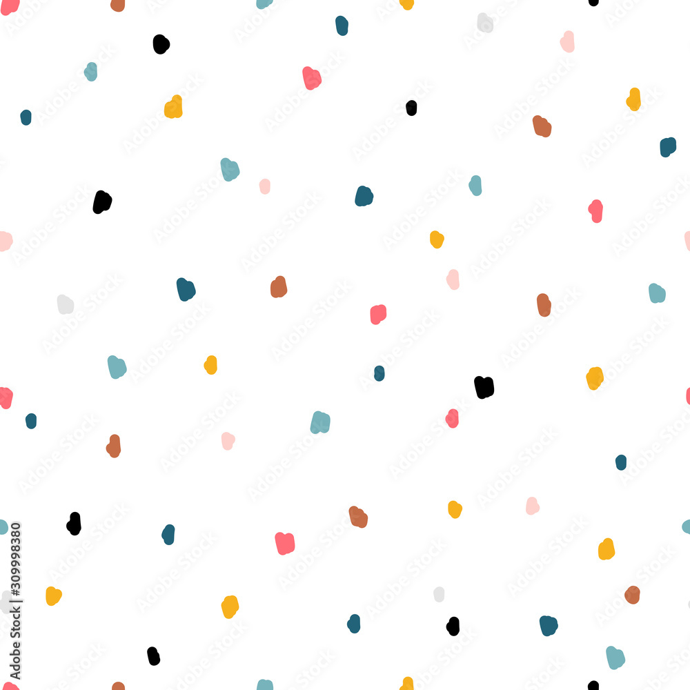 Vector Childish Abstract Background with Colorful Stains. Hand Drawn Doodle Dots Seamless Pattern for Kids Fashion