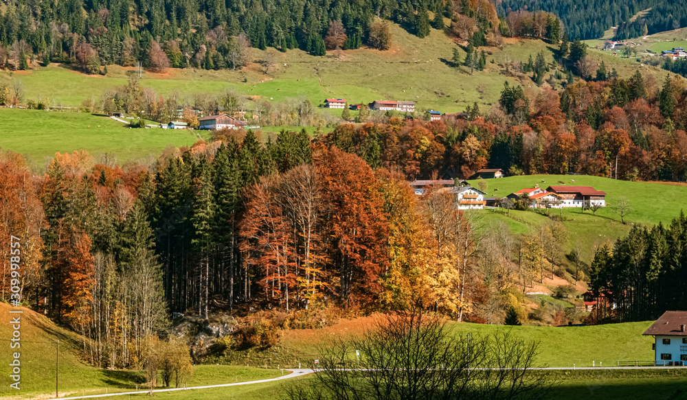 Beautiful alpine autumn or indian summer view near Ramsau, Berchtesgaden, Bavaria, Germany