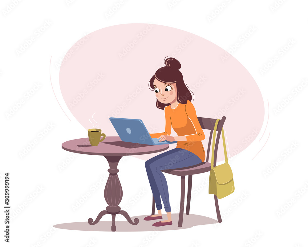 Young woman is sitting with a laptop and a cup of tea or coffee at the table. Young woman is sitting with a laptop and a cup of tea or coffee at the table.