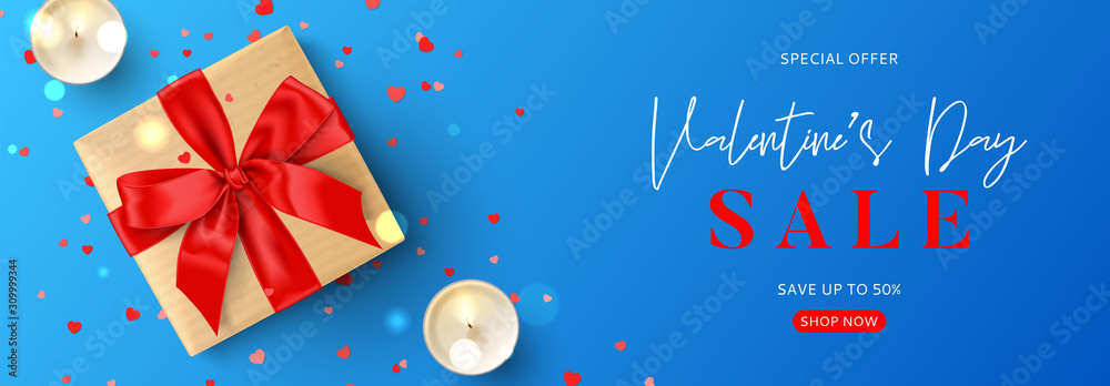 Naklejka premium Valentine's Day sale promo banner template. Vector illustration with realistic gift box, candles and confetti on blue background. Promo discount banner.