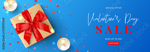 Valentine s Day sale promo banner template. Vector illustration with realistic gift box  candles and confetti on blue background. Promo discount banner.