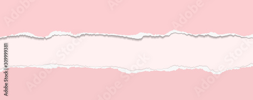 Torn, ripped pieces of horizontal pink paper with soft shadow, background for text. Vector illustration