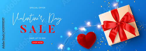 Happy Valentine's Day sale banner. Vector illustration with realistic gift box, sparkling light garland, ring box and confetti on blue background. Promo discount banner.