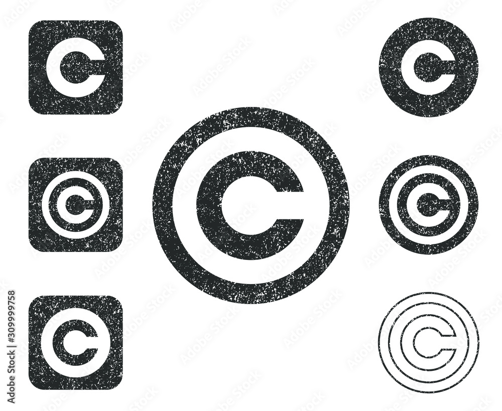 Grunge style stamp copyright icon shape set. C letter logo symbol sign. Vector illustration icon. Isolated on white background. Intellectual property owner. Square and circle round button mark pack.
