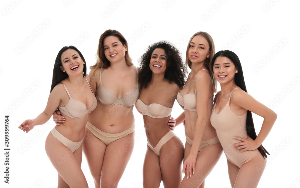 Group of women with different body types in underwear on white background  Stock Photo