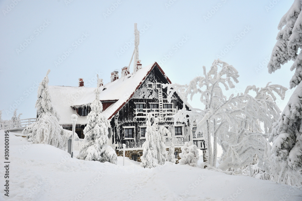 Old house in hoarfrost on frosty winter day, northern slope of Jizera Mountains,  Swieradow Zdroj resort, Poland