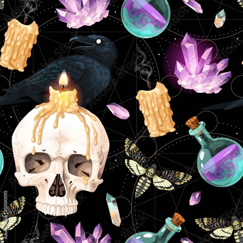 Seamless pattern with raven and human skull