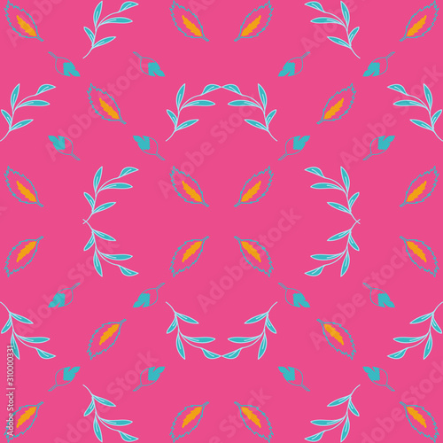 Vector psychedelic folk seamless pattern with colorful symmetrical flowers and leaves, orange, turquoise and pink background.