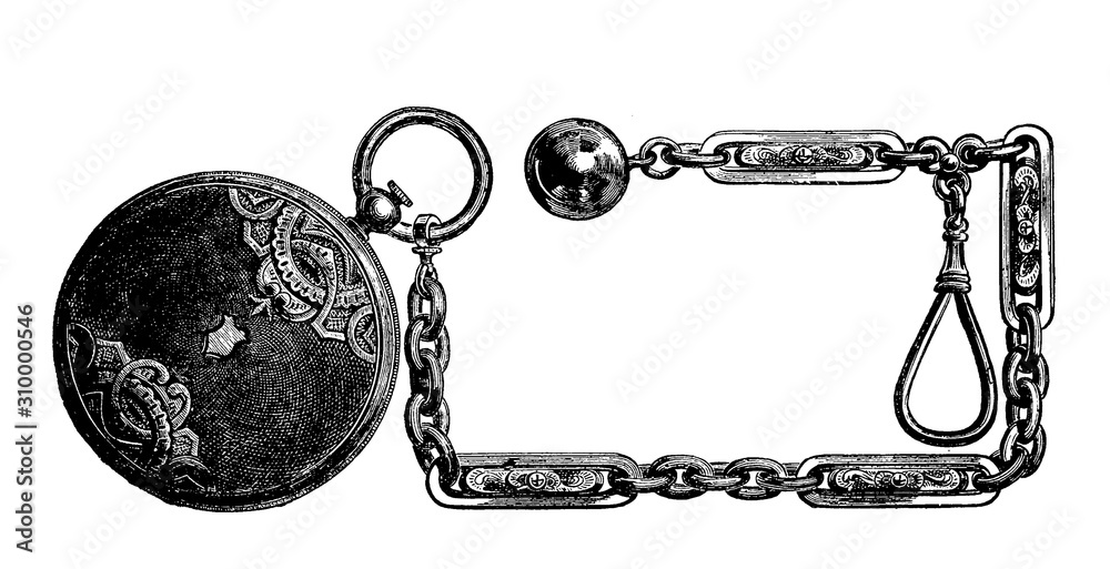 Pocket Watch and chain fob 1800s, black and white drawing, illustration
