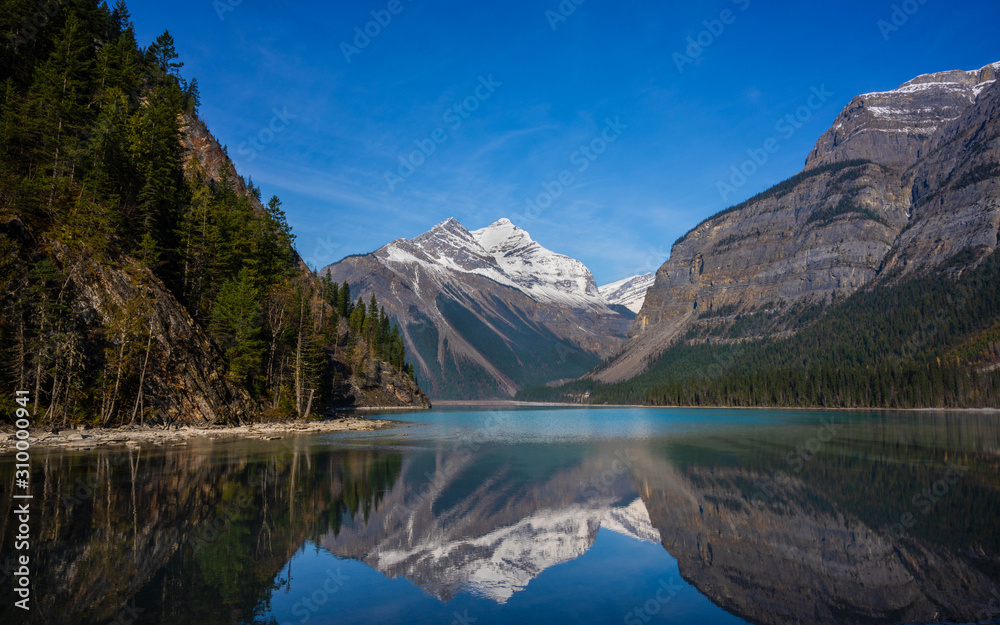 Picturesque landscape at Kinley lake with water reflection of snowy peak in turquoise water mirror photography in Alberta, Canada