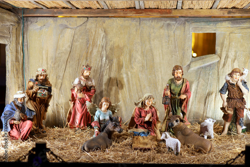 Traditional christmas nativity scene with kings and animals photo