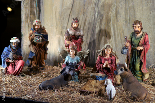 Traditional christmas nativity scene with kings and animals