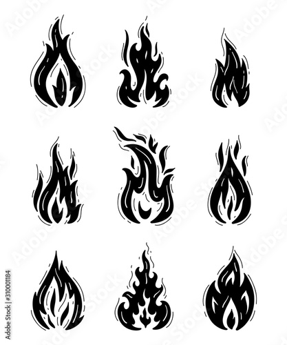 Fire Flames Icons Vector Set. Hand Drawn Doodle Sketch Fire Flame Tattoo Black and White Drawing