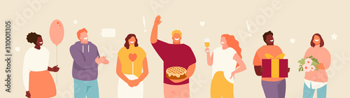 Group of joyful people with congratulations and gifts. Celebrating a holiday or birthday illustration