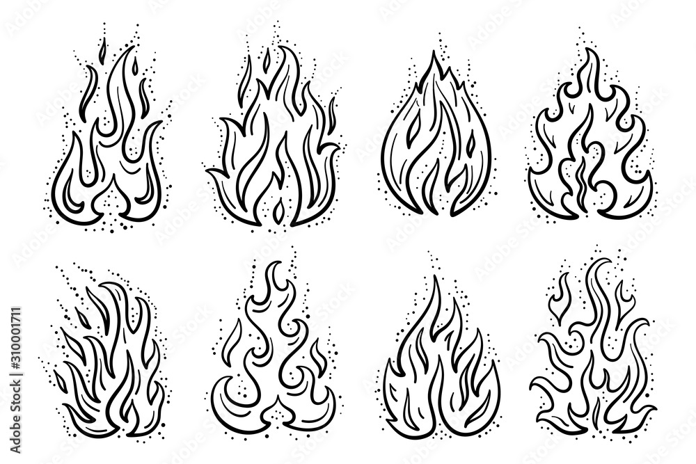 Fire Flames Icons Vector Set. Hand Drawn Doodle Sketch Fire Flame Tattoo Black and White Drawing Векторный объект Stock