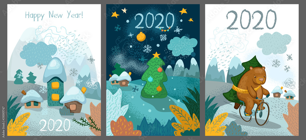 Set of 3 New Year greeting cards. 2020 cute posters with bear, fir tree, village. 2020 New Year greeting card. Cute bear and firtree.