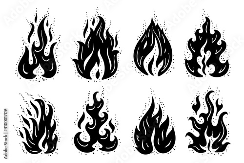 Fire Flames Icons Vector Set. Hand Drawn Doodle Sketch Fire Flame Tattoo Black and White Drawing