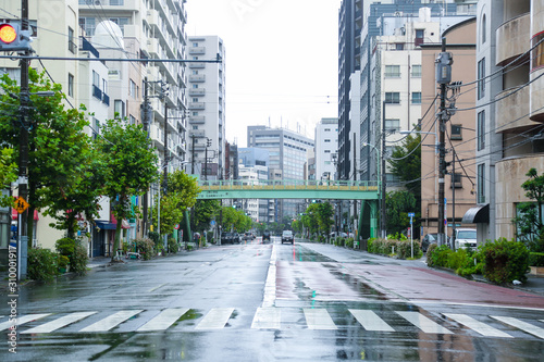Ueno, Tokyo, Japan - October, 12, 2019:Typhoon day in tokyo nobody on the road look like abandoned town photo
