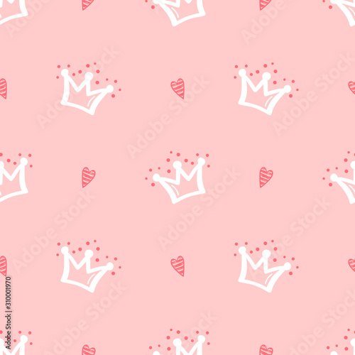 Cute Baby and Little Princess Pink Background. Doodle Crown and Heart Seamless Childish Pattern © AllNikArt