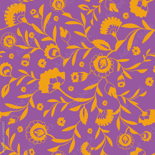 Vector psychedelic folk seamless pattern with colorful ethnic flowers and leaves, orange and purple background