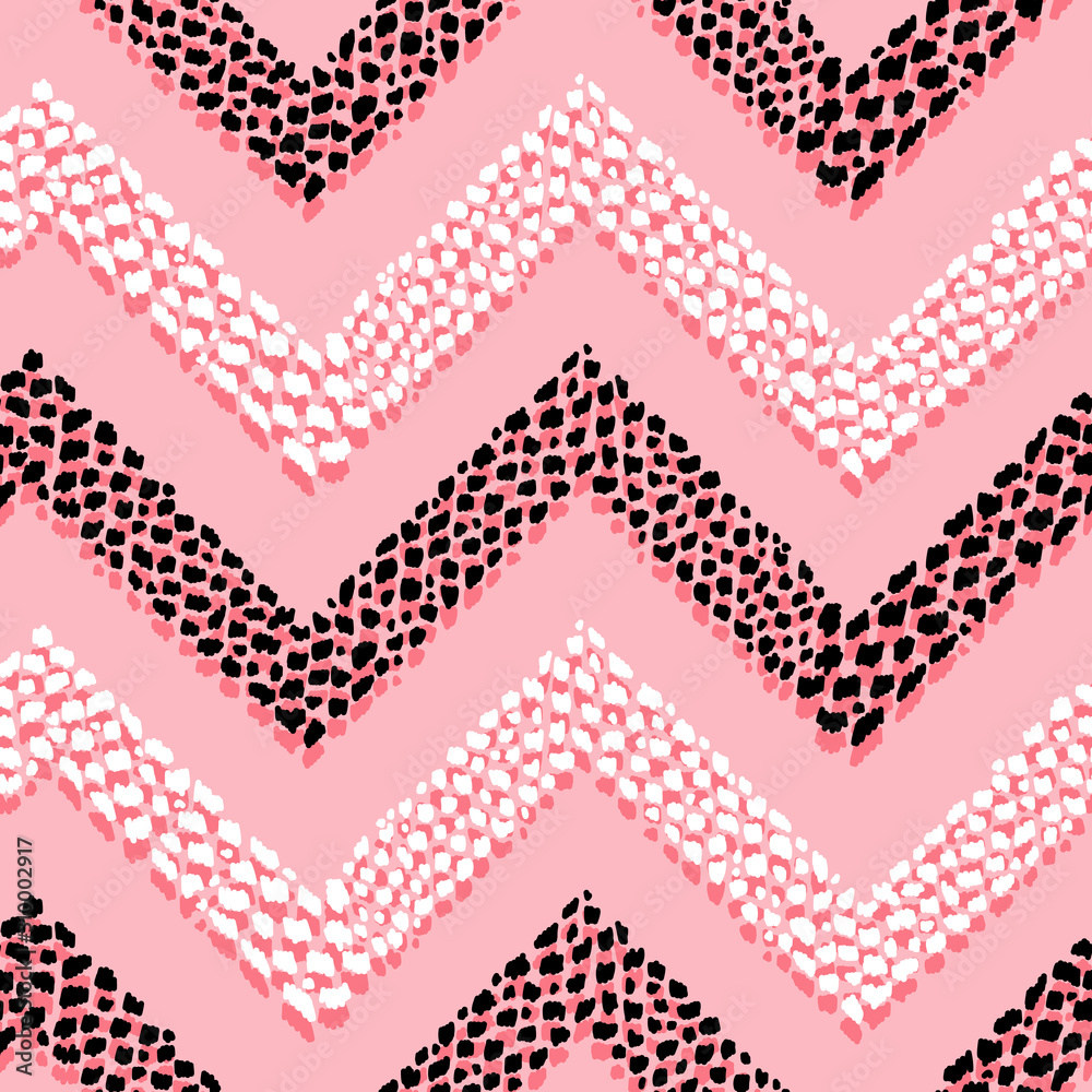 Leopard Print Chevron Seamless Pattern. Hand Drawn Doodle Animal Skin Spots. Vector Abstract Zig zag Striped Pink Black White Colors Background. Leopard Print Chevron Seamless Pattern. Hand Drawn Doodle Animal Skin Spots. Vector Abstract Zig zag Striped Pink Black White Colors Background.
