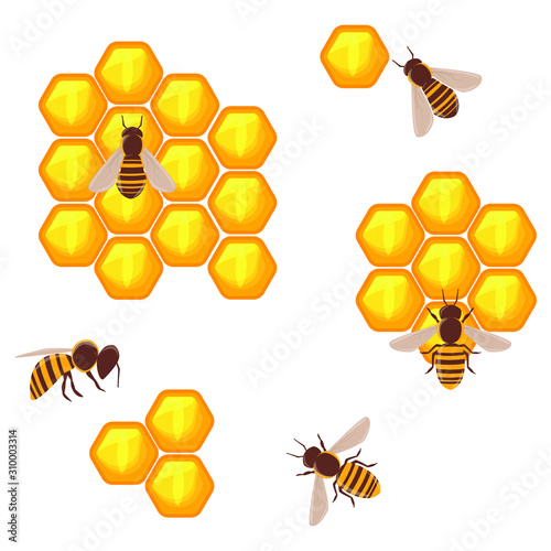 Honeycomb hexagon set with honeybees cartoon vector illustration, isolated cute clip-art.
