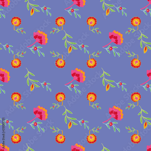 Vector psychedelic folk seamless pattern with colorful ethnic flowers and leaves, orange, green, red and purple background